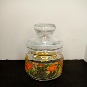 Vintage Clear Round orange yellow Floral Container w/‎  Lid 4" wide 6" tall